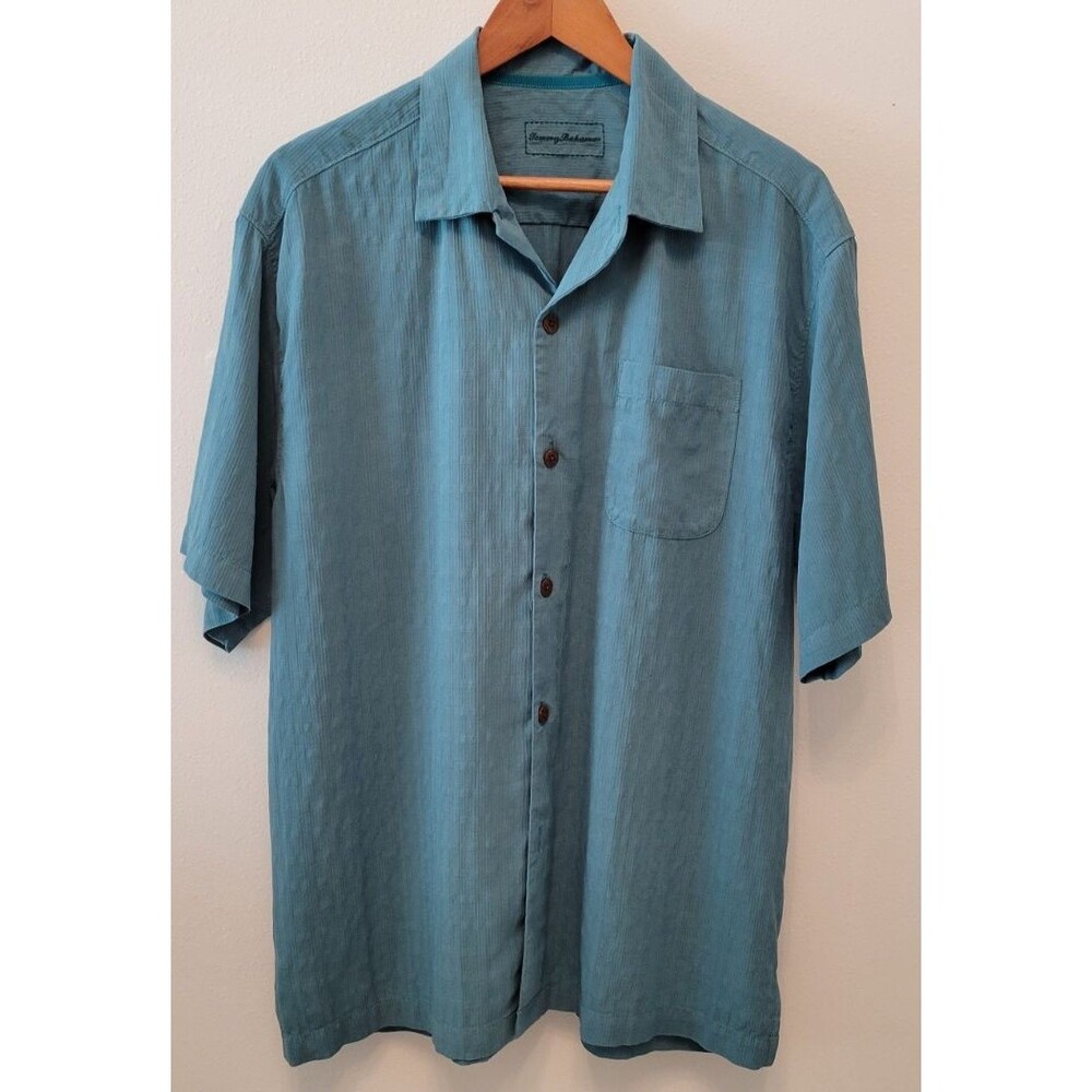 🌴🍍🥥 TOMMY BAHAMA 100% Silk Camp Shirt in Ocean Teal ~ Large